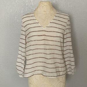 Cynthia Rowley Blouse Women's Medium White Gold Stripes 3/4 Sleeves